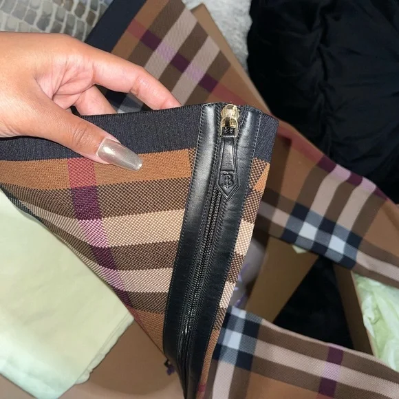 NIB Burberry 36 Anita Knit Check Over-the-Knee Thigh High Stretch Boots in Brown - Picture 14 of 17